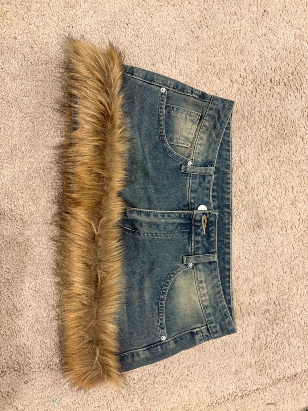 SHEIN Blue Denim Mini Skirt with Brown Faux Fur Hem